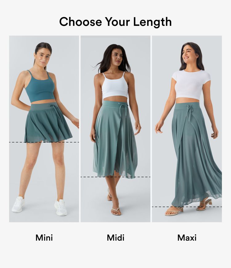 maxi-rok met hoge taille trekkoord contrasterend mesh en 2-in-1 zakken zwierig model en wijd uitlopende rok.