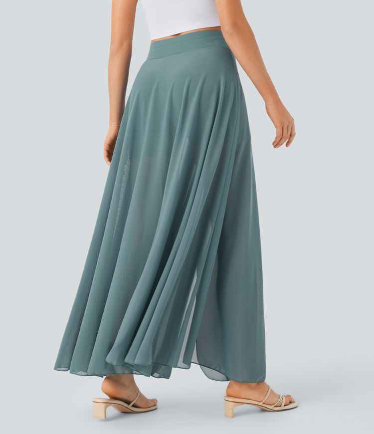 maxi-rok met hoge taille trekkoord contrasterend mesh en 2-in-1 zakken zwierig model en wijd uitlopende rok.