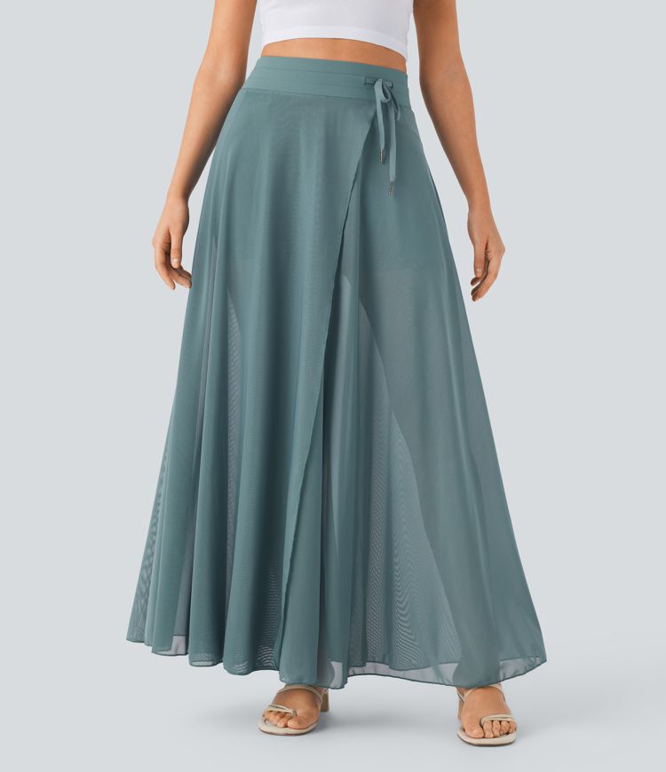 maxi-rok met hoge taille trekkoord contrasterend mesh en 2-in-1 zakken zwierig model en wijd uitlopende rok.