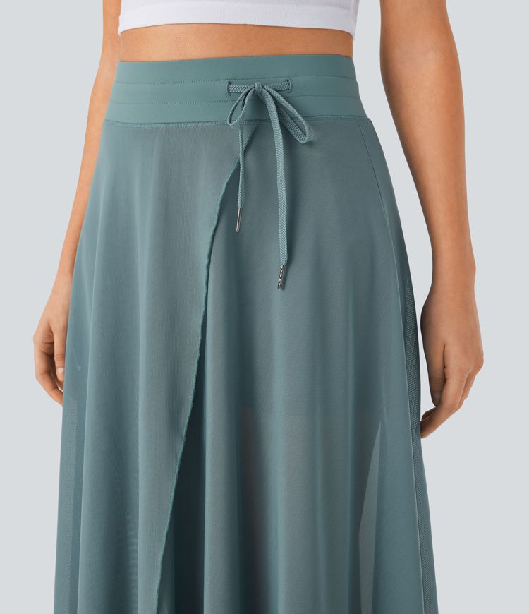 maxi-rok met hoge taille trekkoord contrasterend mesh en 2-in-1 zakken zwierig model en wijd uitlopende rok.