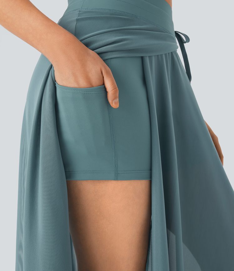 maxi-rok met hoge taille trekkoord contrasterend mesh en 2-in-1 zakken zwierig model en wijd uitlopende rok.