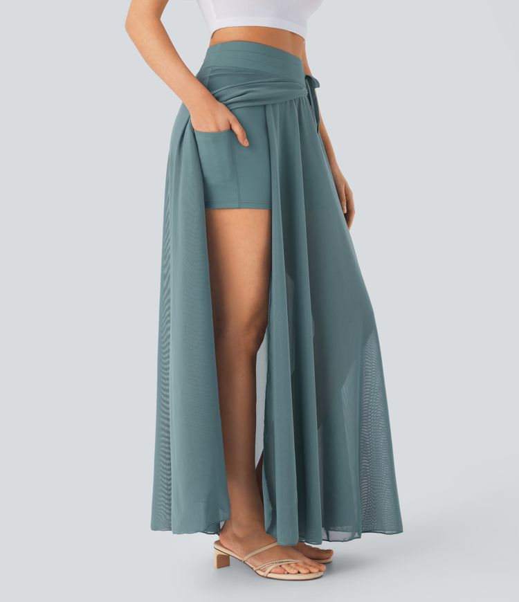 maxi-rok met hoge taille trekkoord contrasterend mesh en 2-in-1 zakken zwierig model en wijd uitlopende rok.