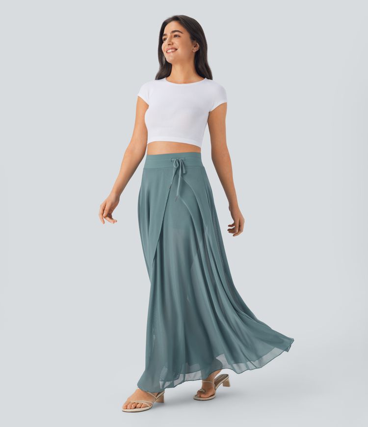 maxi-rok met hoge taille trekkoord contrasterend mesh en 2-in-1 zakken zwierig model en wijd uitlopende rok.