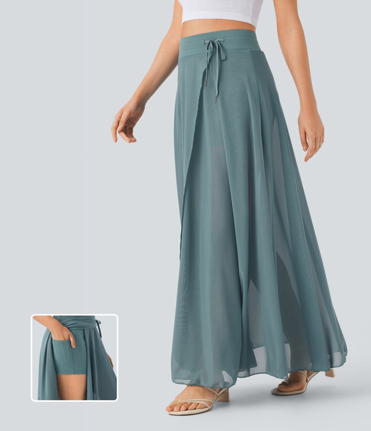 maxi-rok met hoge taille trekkoord contrasterend mesh en 2-in-1 zakken zwierig model en wijd uitlopende rok.