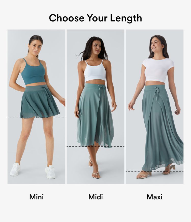 midi-rok met hoge taille trekkoord contrasterend mesh en 2-in-1 zakken zwierig model en wijdvallend model.