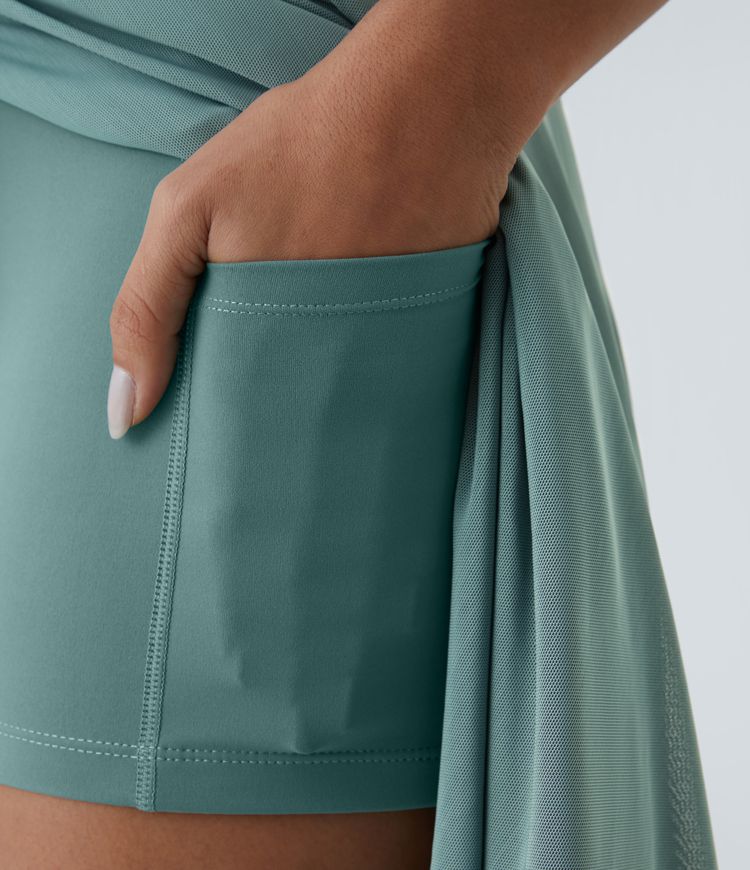 midi-rok met hoge taille trekkoord contrasterend mesh en 2-in-1 zakken zwierig model en wijdvallend model.