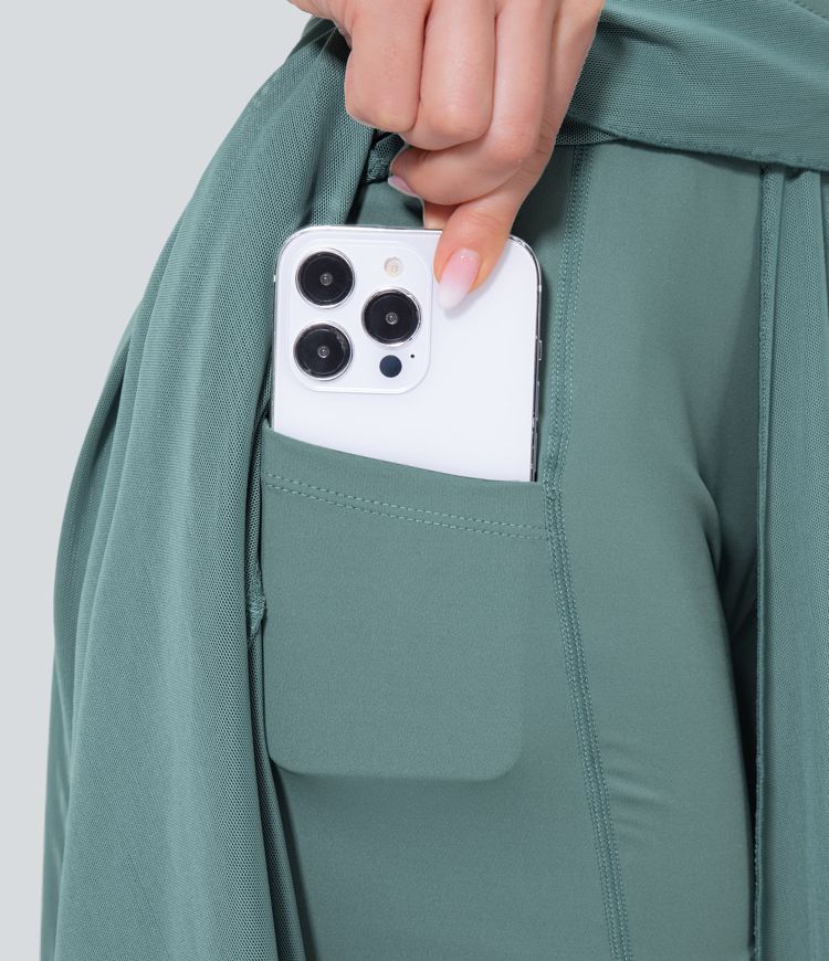 midi-rok met hoge taille trekkoord contrasterend mesh en 2-in-1 zakken zwierig model en wijdvallend model.