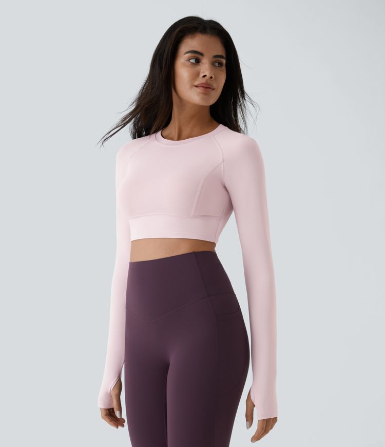 effen cropped yoga-sporttop met duimgaten