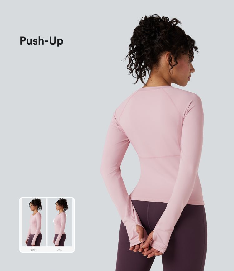 push-up top met lange mouwen en duimgaten voor yoga en sport