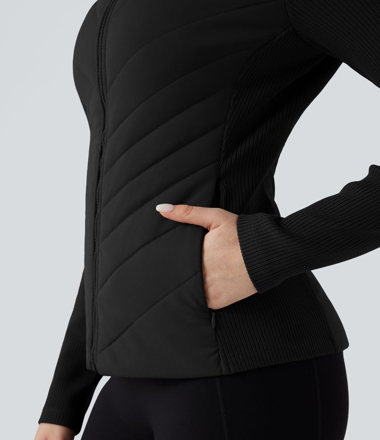 gewatteerde jas met hoge kraag contrasterende ribbels slanke pasvorm en zakken.