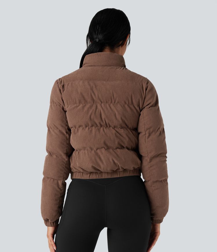 casual corduroy pufferjack met opstaande kraag en zakken