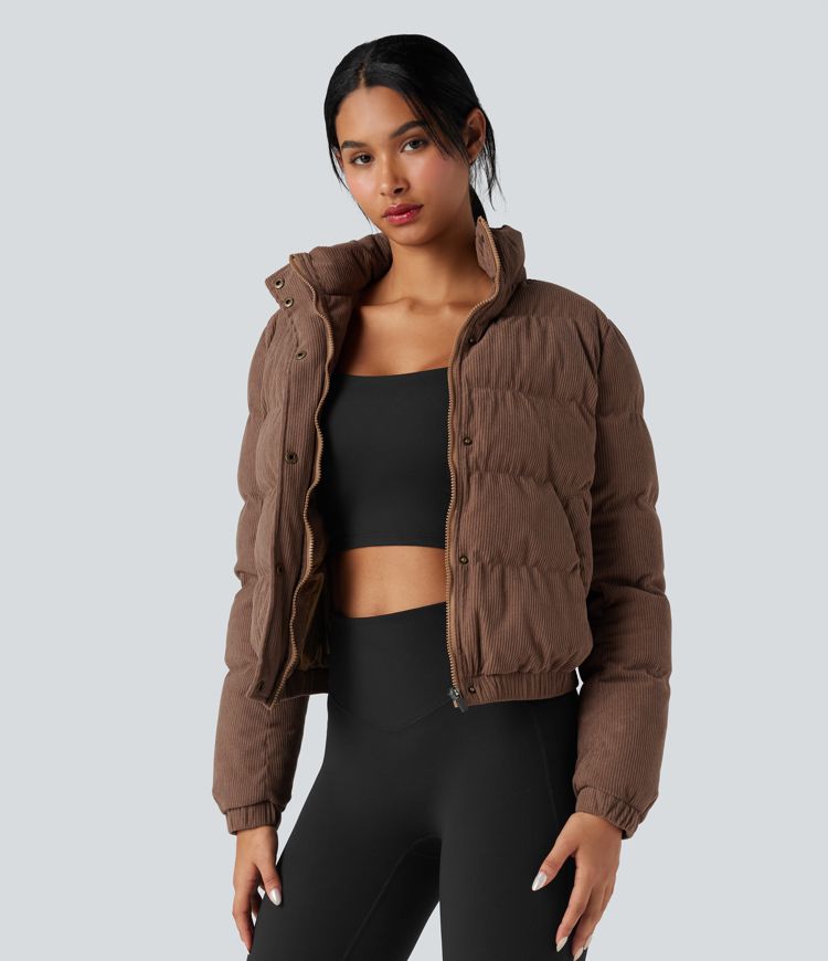 casual corduroy pufferjack met opstaande kraag en zakken
