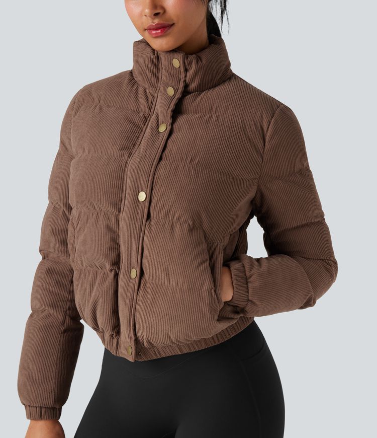 casual corduroy pufferjack met opstaande kraag en zakken