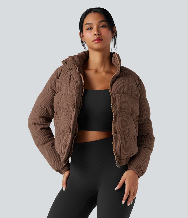 casual corduroy pufferjack met opstaande kraag en zakken