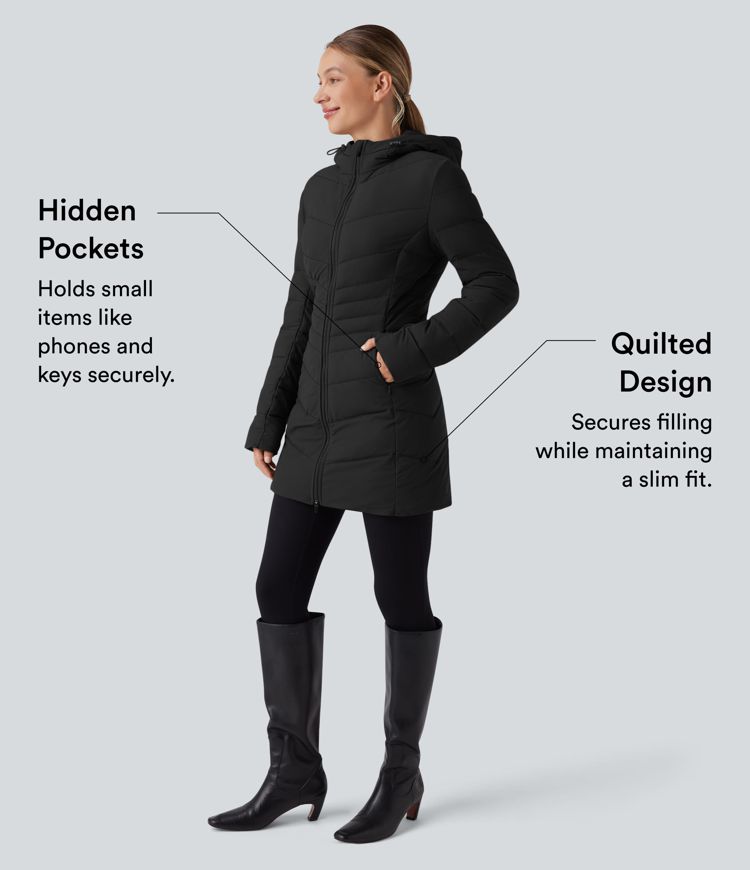 puffflex hooded longline stretchy casual gewatteerde jas met zakken