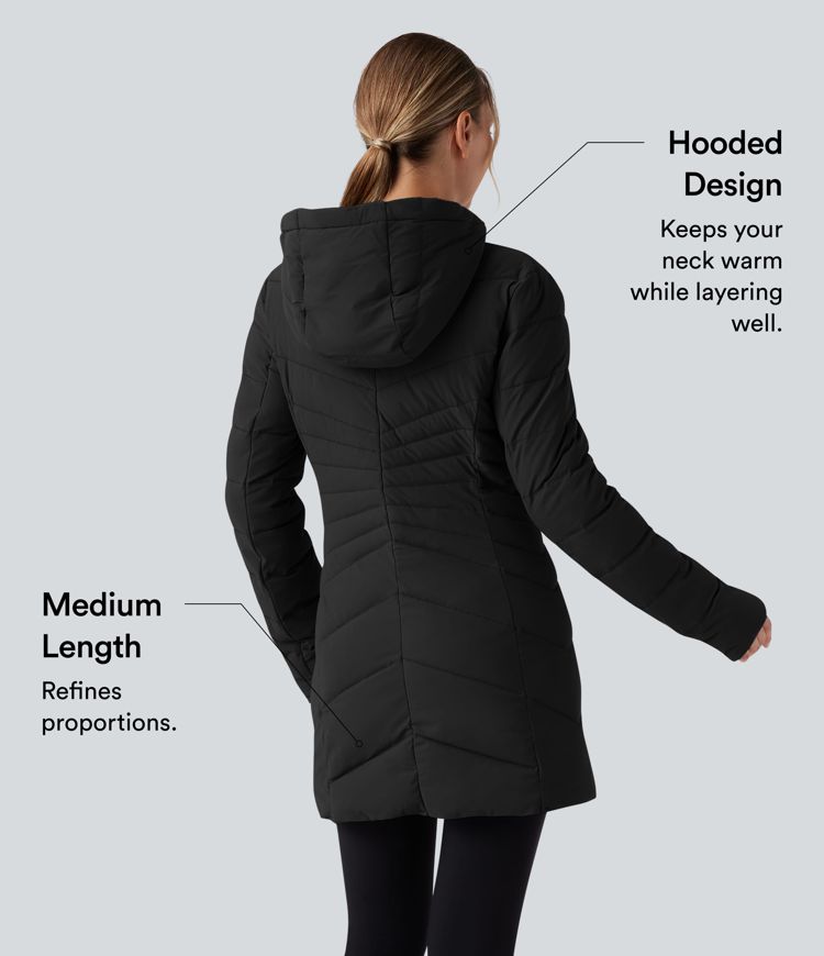 puffflex hooded longline stretchy casual gewatteerde jas met zakken