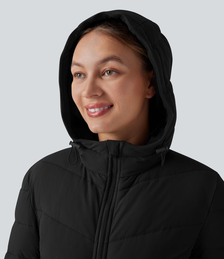 puffflex hooded longline stretchy casual gewatteerde jas met zakken