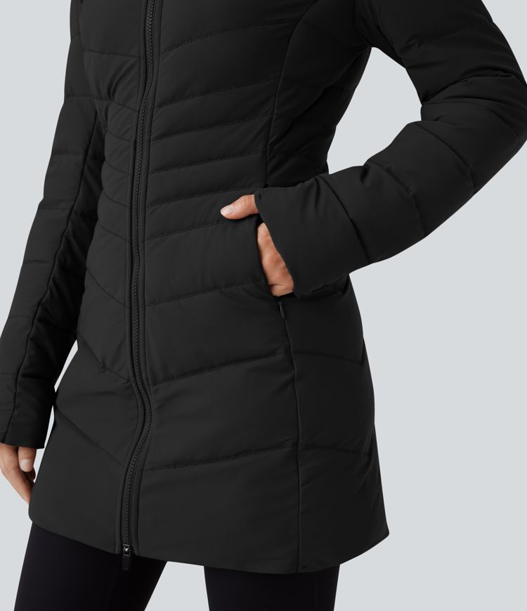 puffflex hooded longline stretchy casual gewatteerde jas met zakken