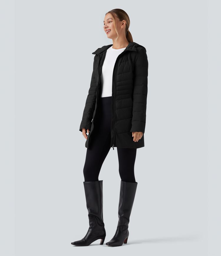 puffflex hooded longline stretchy casual gewatteerde jas met zakken