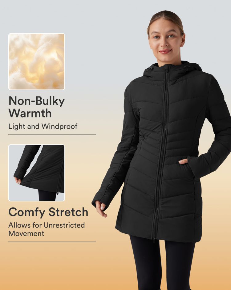 puffflex hooded longline stretchy casual gewatteerde jas met zakken