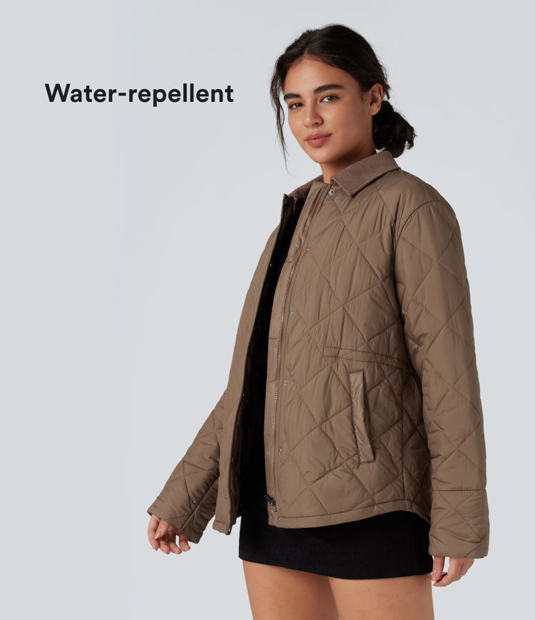duurzame waterafstotende contrasterende corduroy jas met trekkoord en zakken geschikt voor een casual look.