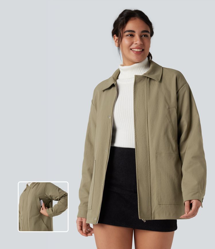 casual shacket gewatteerde jas met lange mouwen en ritssluiting en zakken