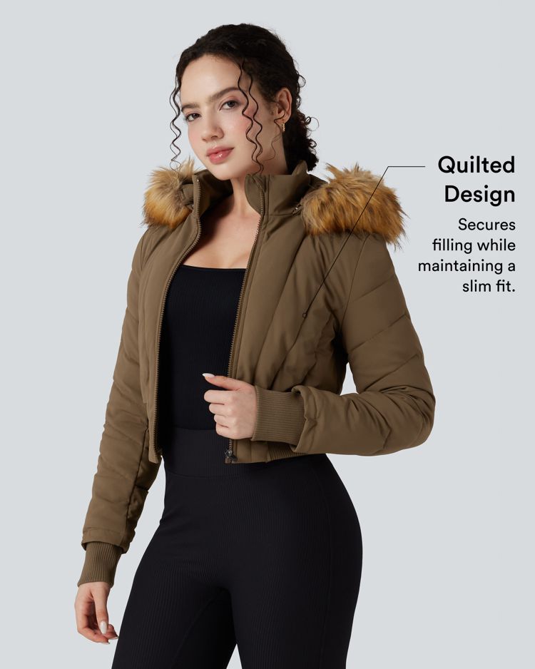 puffflex casual gewatteerde jas met capuchon en afneembare imitatiebontkraag en lange mouwen
