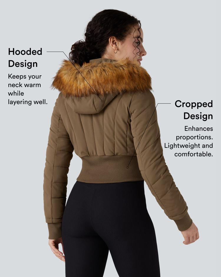 puffflex casual gewatteerde jas met capuchon en afneembare imitatiebontkraag en lange mouwen