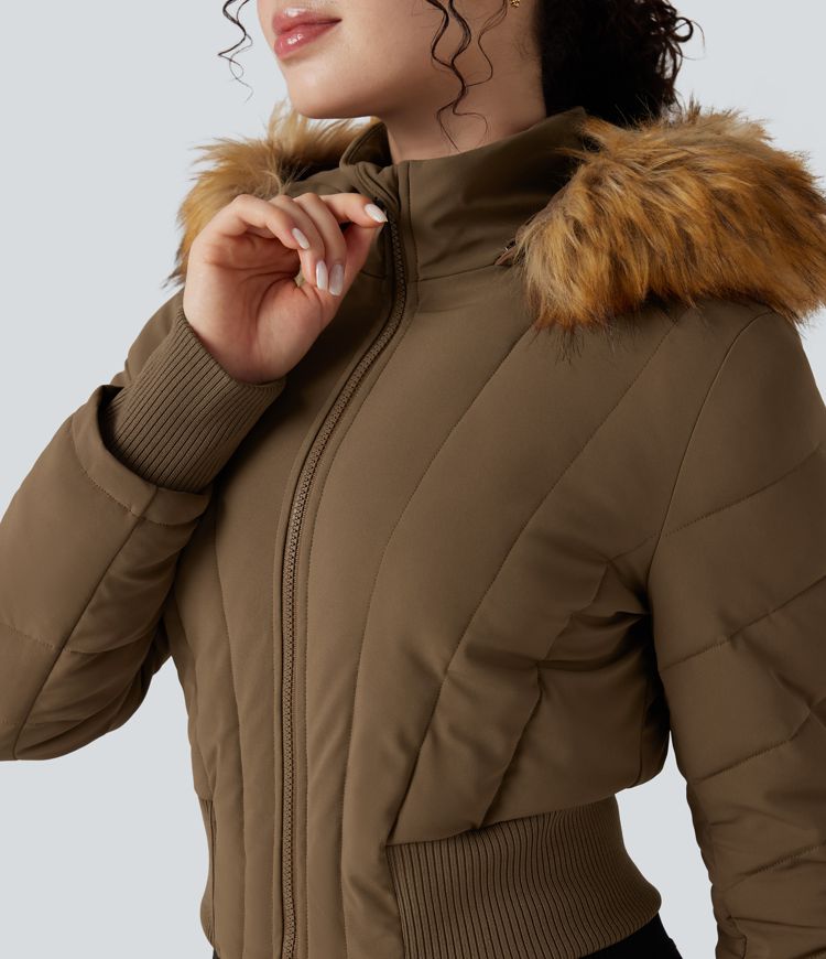 puffflex casual gewatteerde jas met capuchon en afneembare imitatiebontkraag en lange mouwen