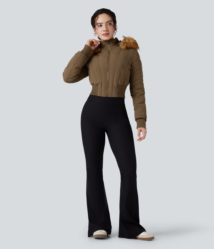 puffflex casual gewatteerde jas met capuchon en afneembare imitatiebontkraag en lange mouwen